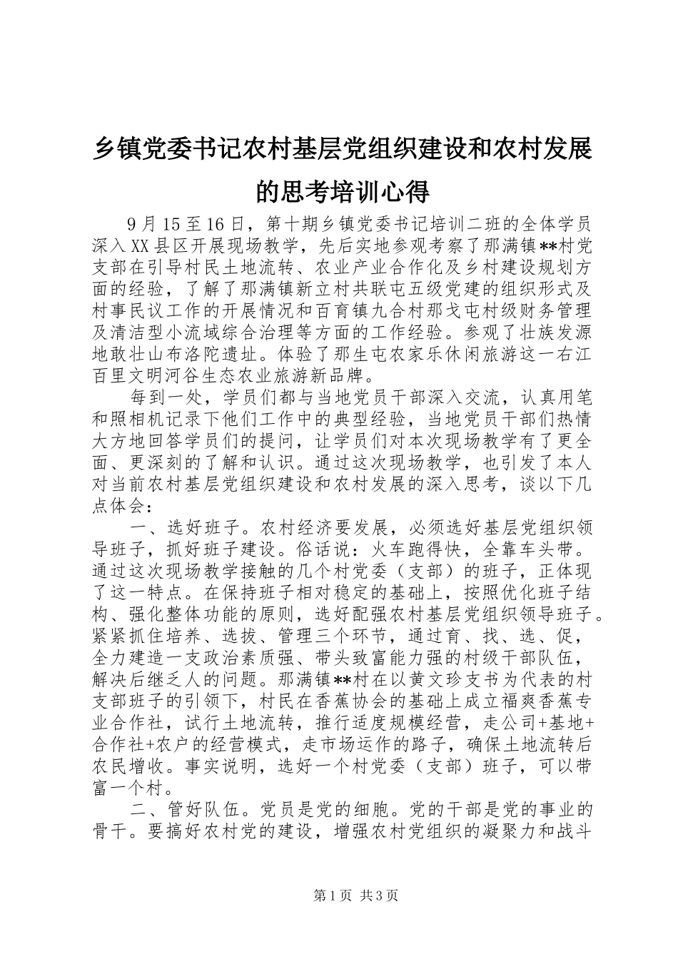 乡镇党委书记农村基层党组织建设和农村发展的思考培训心得_第1页