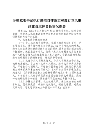 乡镇党委书记执行廉洁自律规定和履行党风廉政建设主体责任情况报告