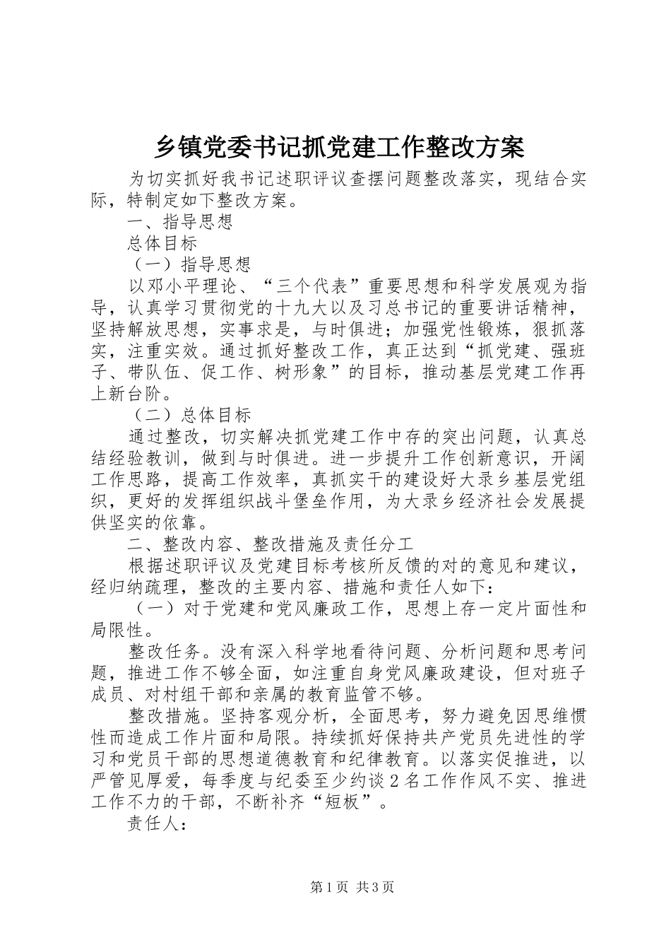 乡镇党委书记抓党建工作整改方案_第1页