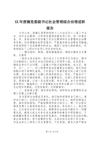 年度镇党委副书记社会管理综合治理述职报告
