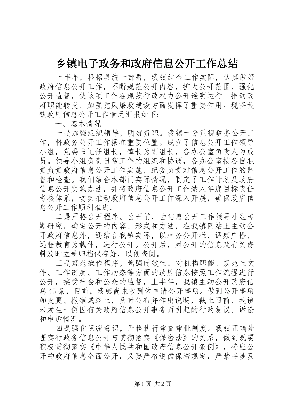 乡镇电子政务和政府信息公开工作总结_第1页