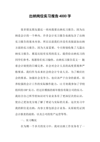 出纳岗位实习报告4000字
