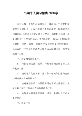 出纳个人实习报告6000字