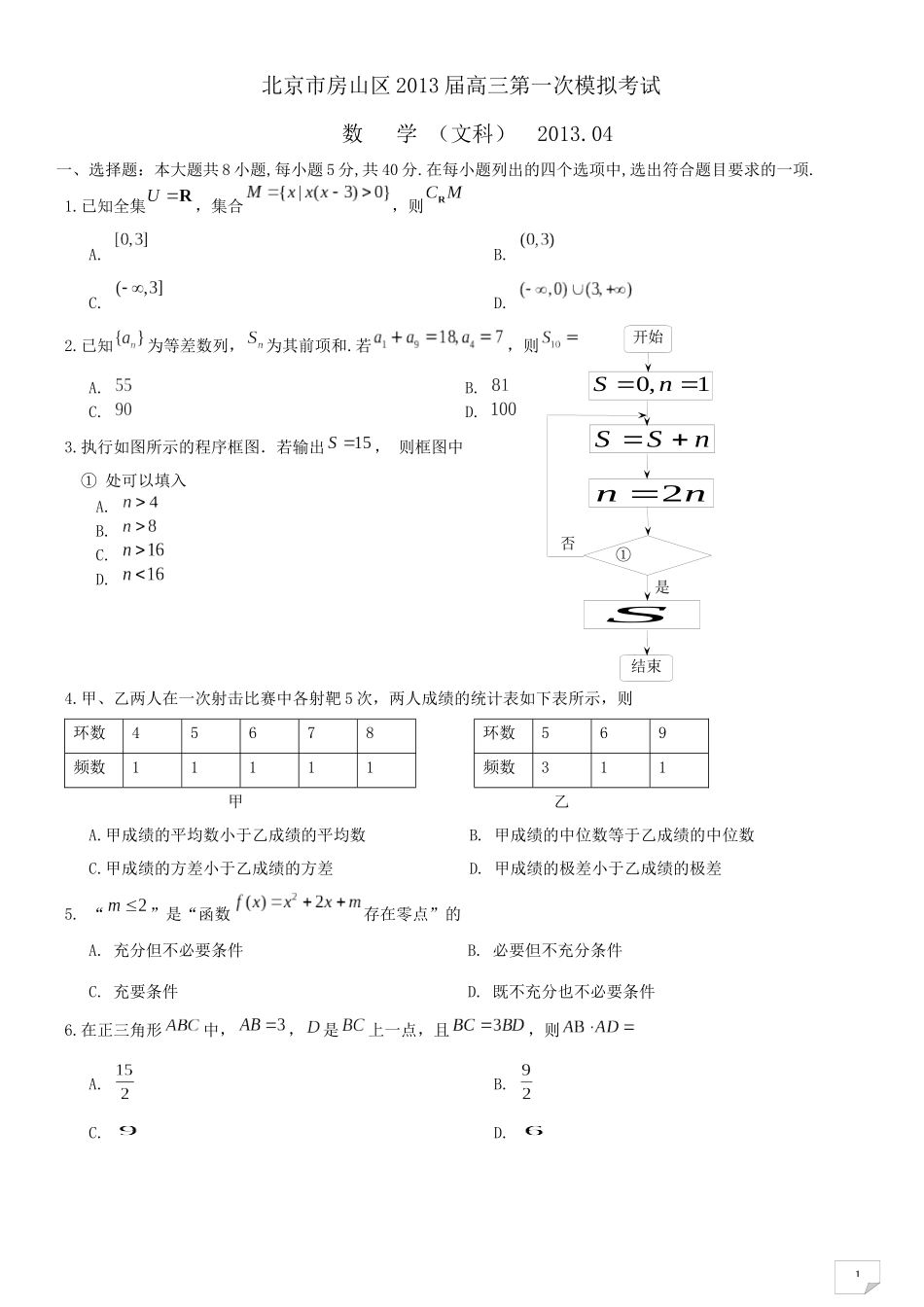 北京市房山区2013届高三4月第一次模拟考试数学文试题_第1页