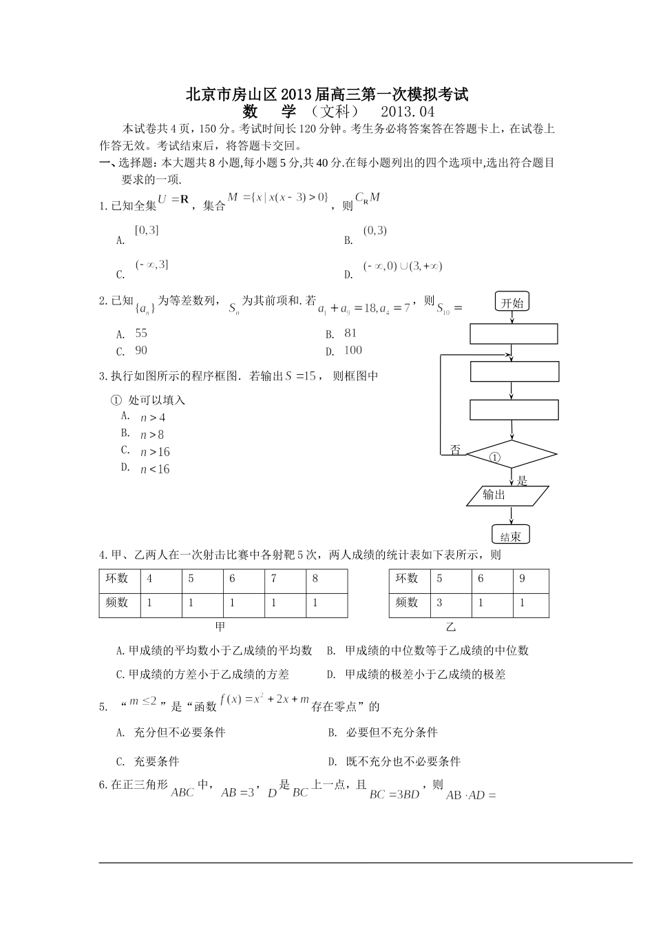 北京市房山区2013届高三4月第一次模拟考试文科数学试卷_第1页