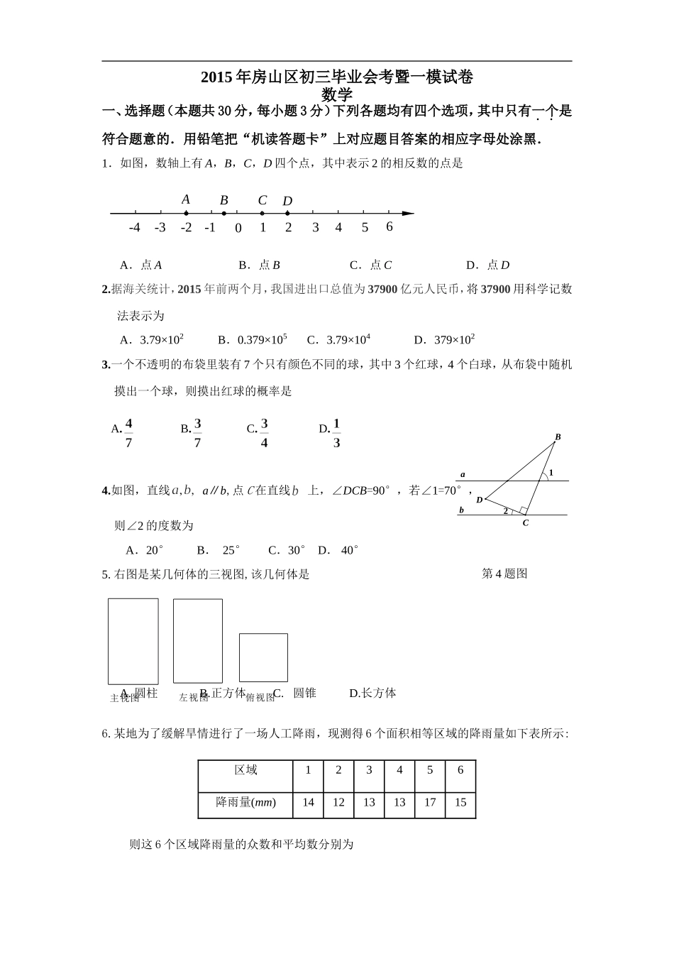 北京市房山区2015年初中毕业会考(一模)数学试题有答案word编辑版本总结_第1页