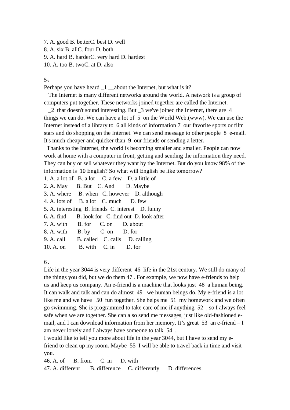 初二英语完形填空练习题(包含答案)_第3页