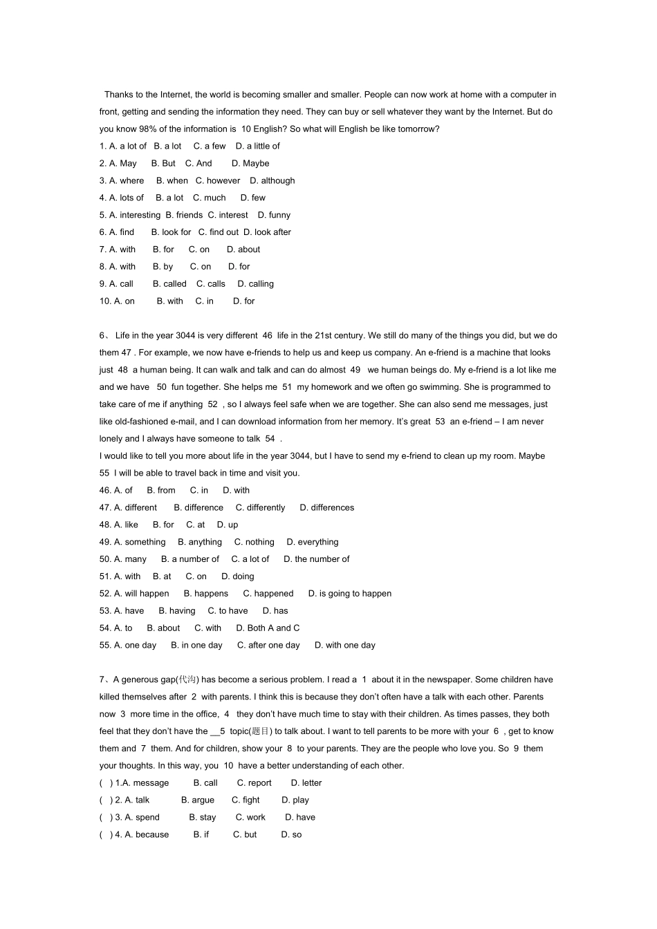 初二英语完形填空练习题(含答案)(同名5494)_第3页