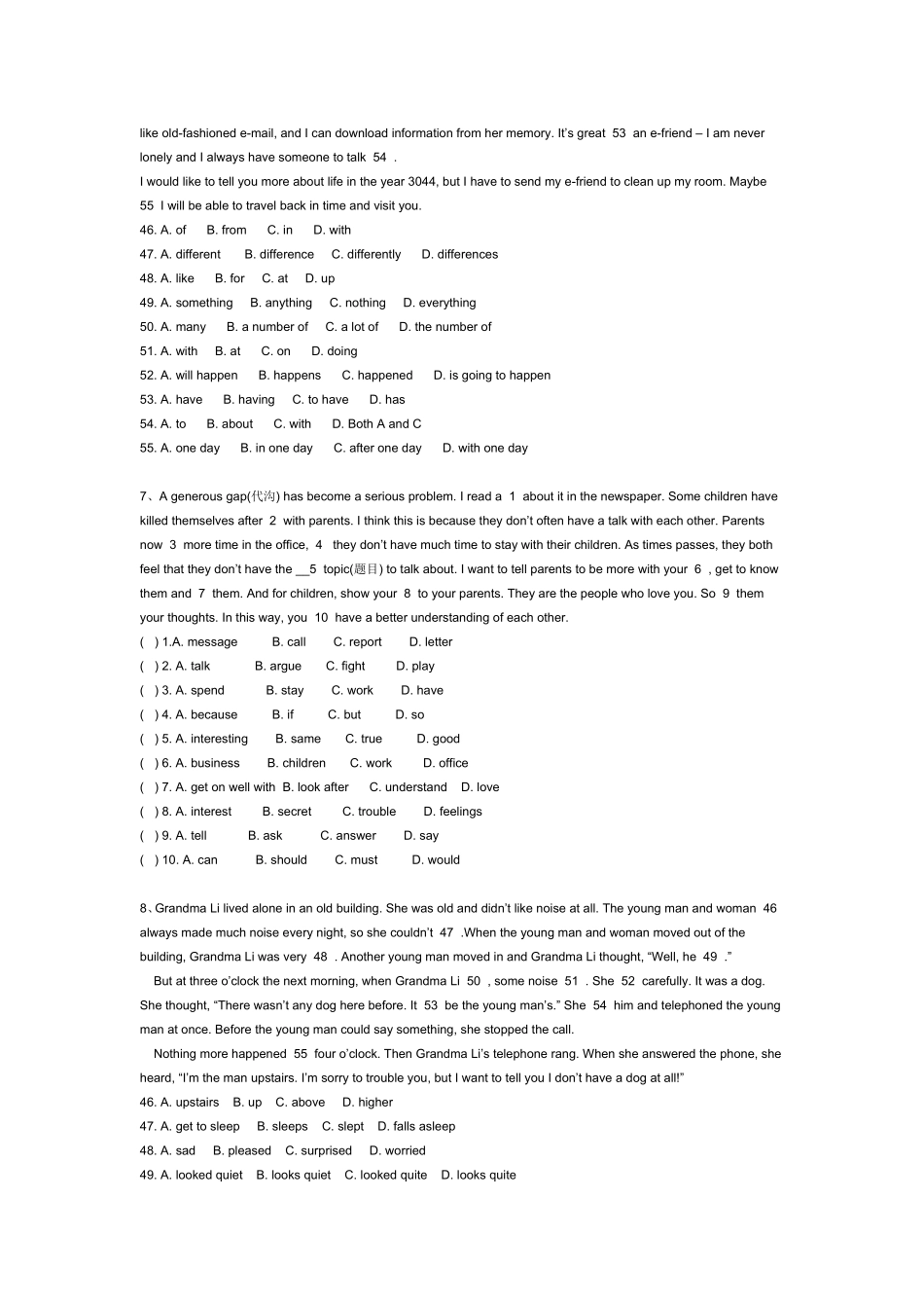 初二英语完形填空练习题(含答案)_第2页
