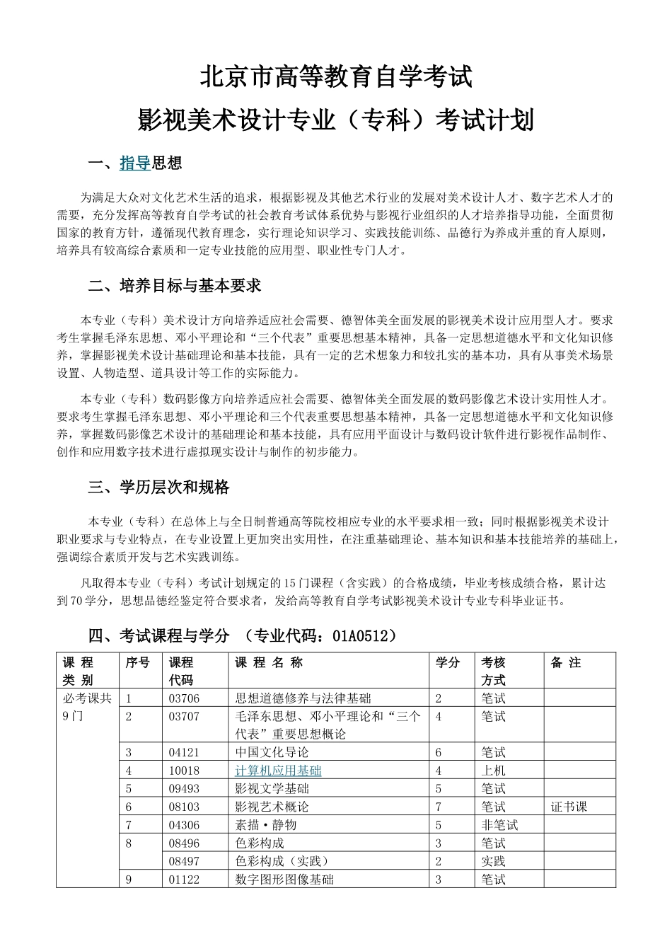 北京市高等教育自学考试影视美术设计专业(专科)考试计划_第1页