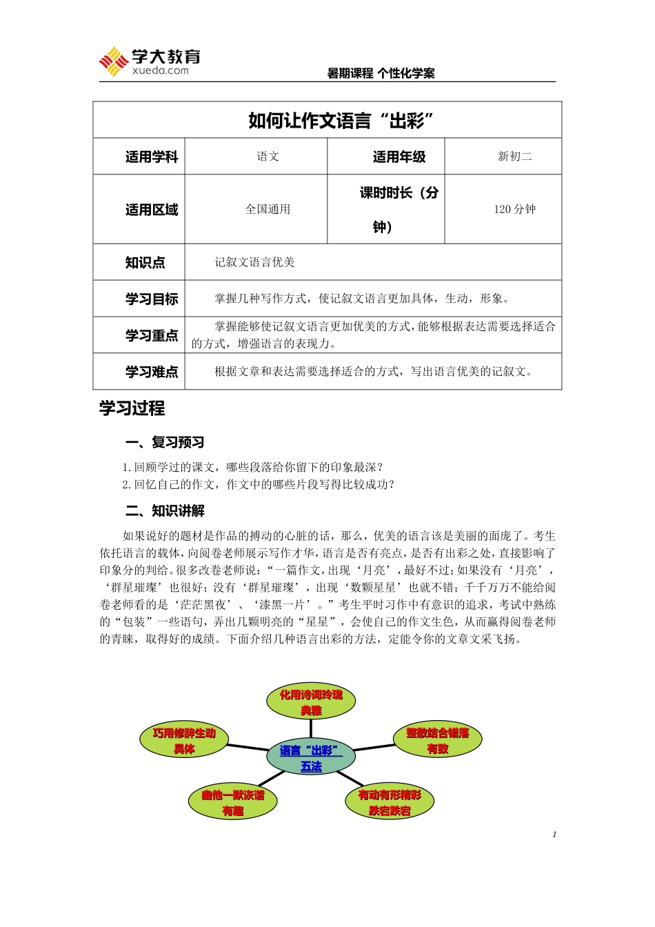 初二语文-第12讲如何让作文语言“出彩”学案_第1页
