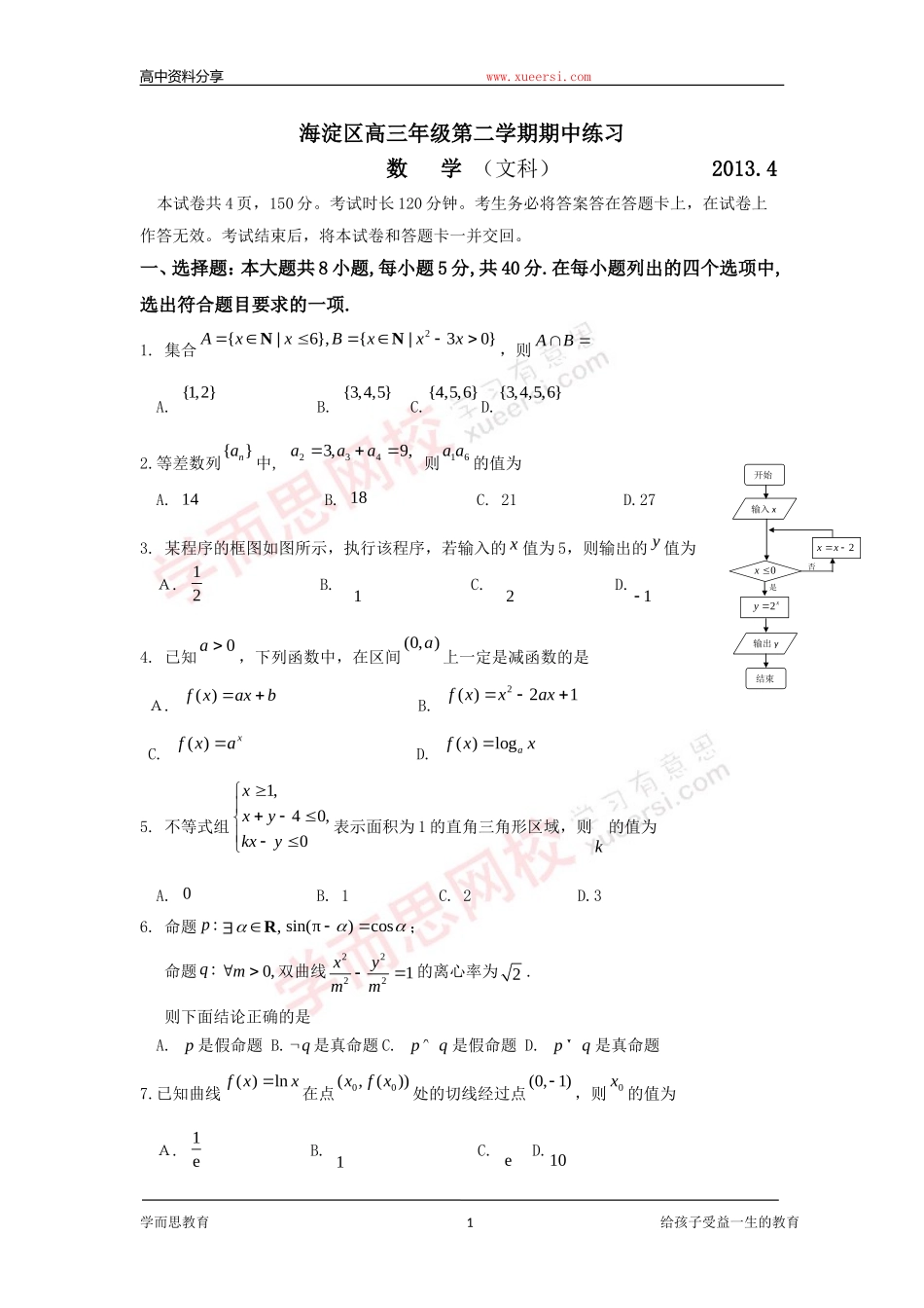 北京市海淀区2013届高三年级第二学期期中练习(海淀一模)试题及答案-word版-数学文_第1页