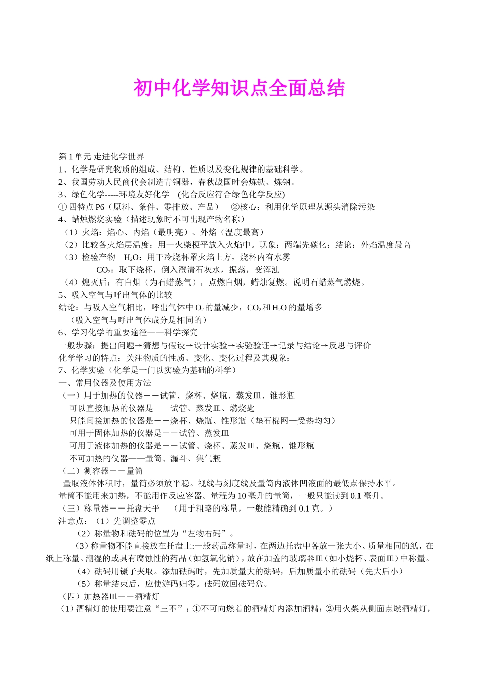 初高中化学知识点全面总结_第1页