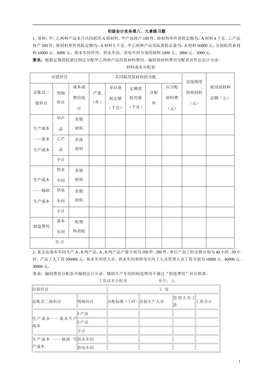 初级会计实务课堂练习(第8、9章)_第1页