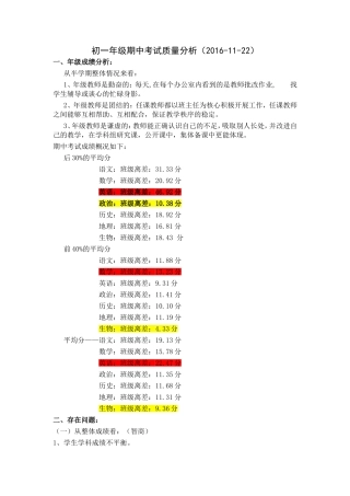 初一年级期中考试质量分析会发言稿