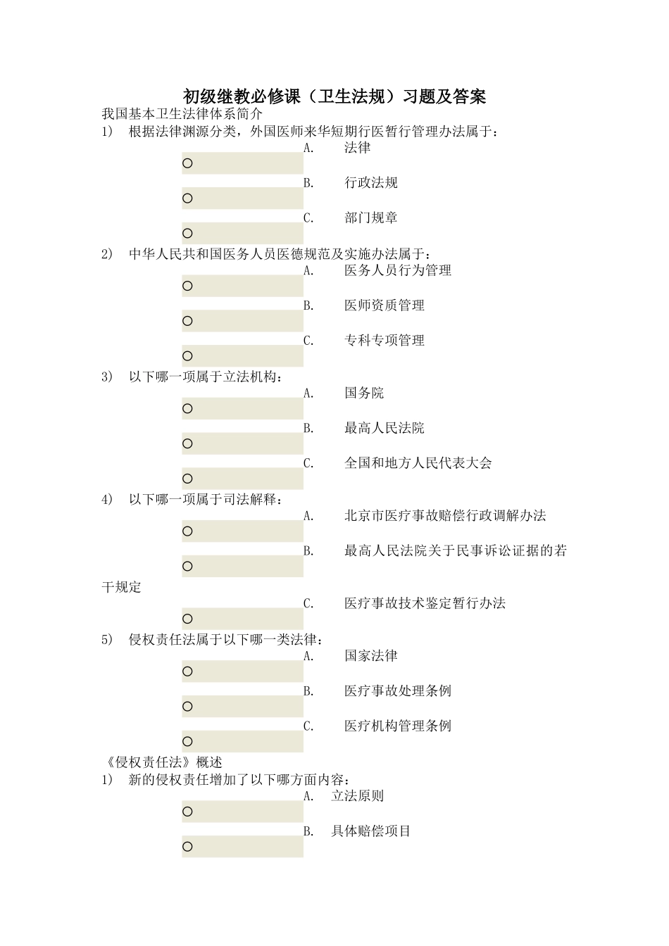 初级继教必修课(卫生法规)习题及答案_第1页