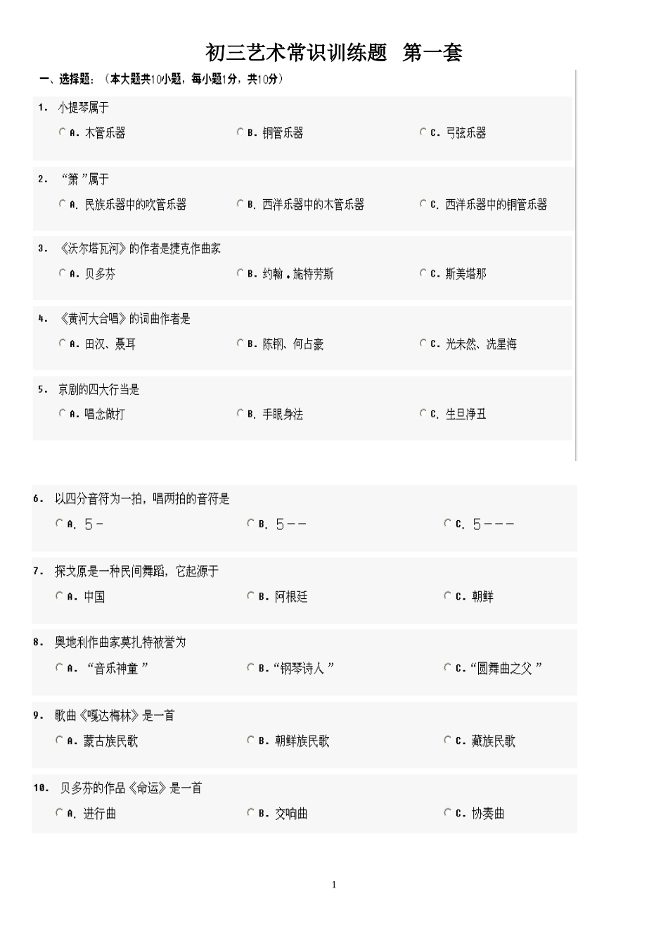 初三艺术常识训练题_第1页