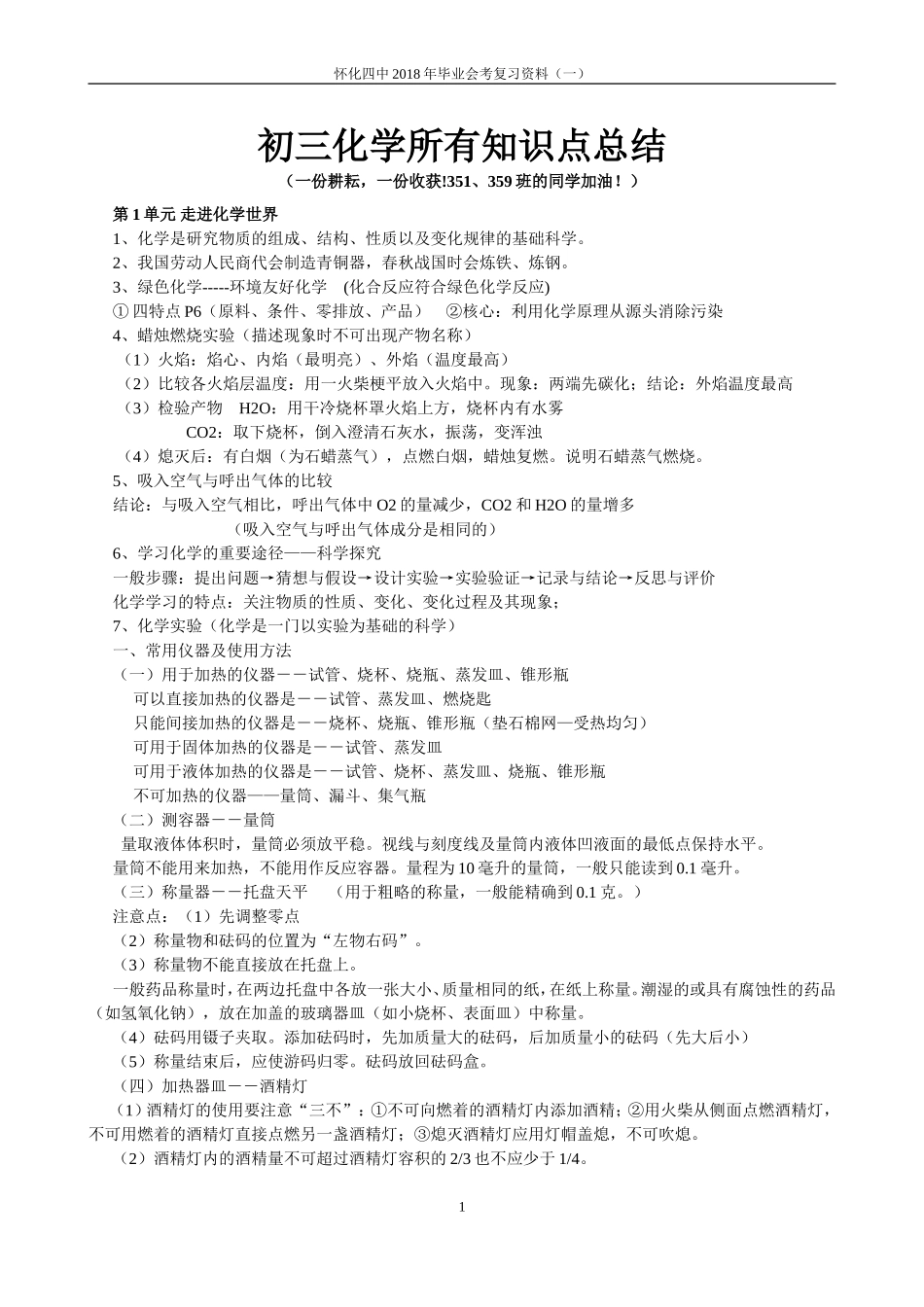 初三化学所有知识点总结_第1页