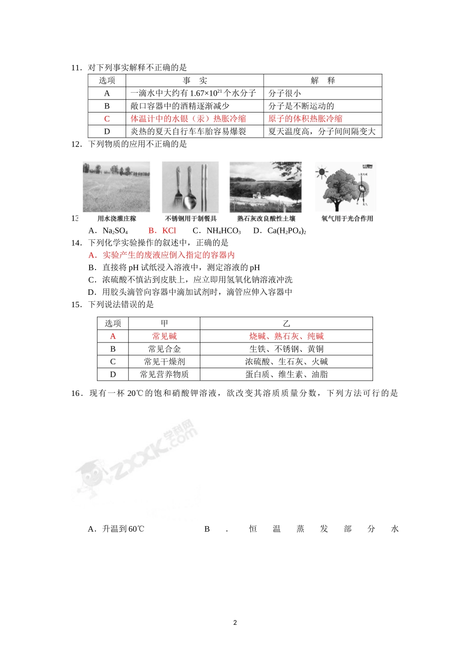 初三化学一模试题及答案_第2页
