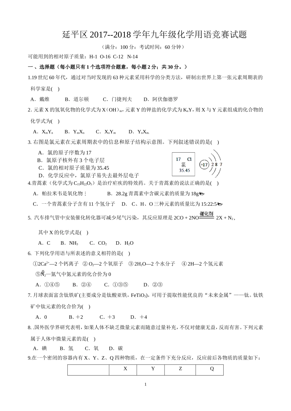 初三化学用语竞赛试题_第1页