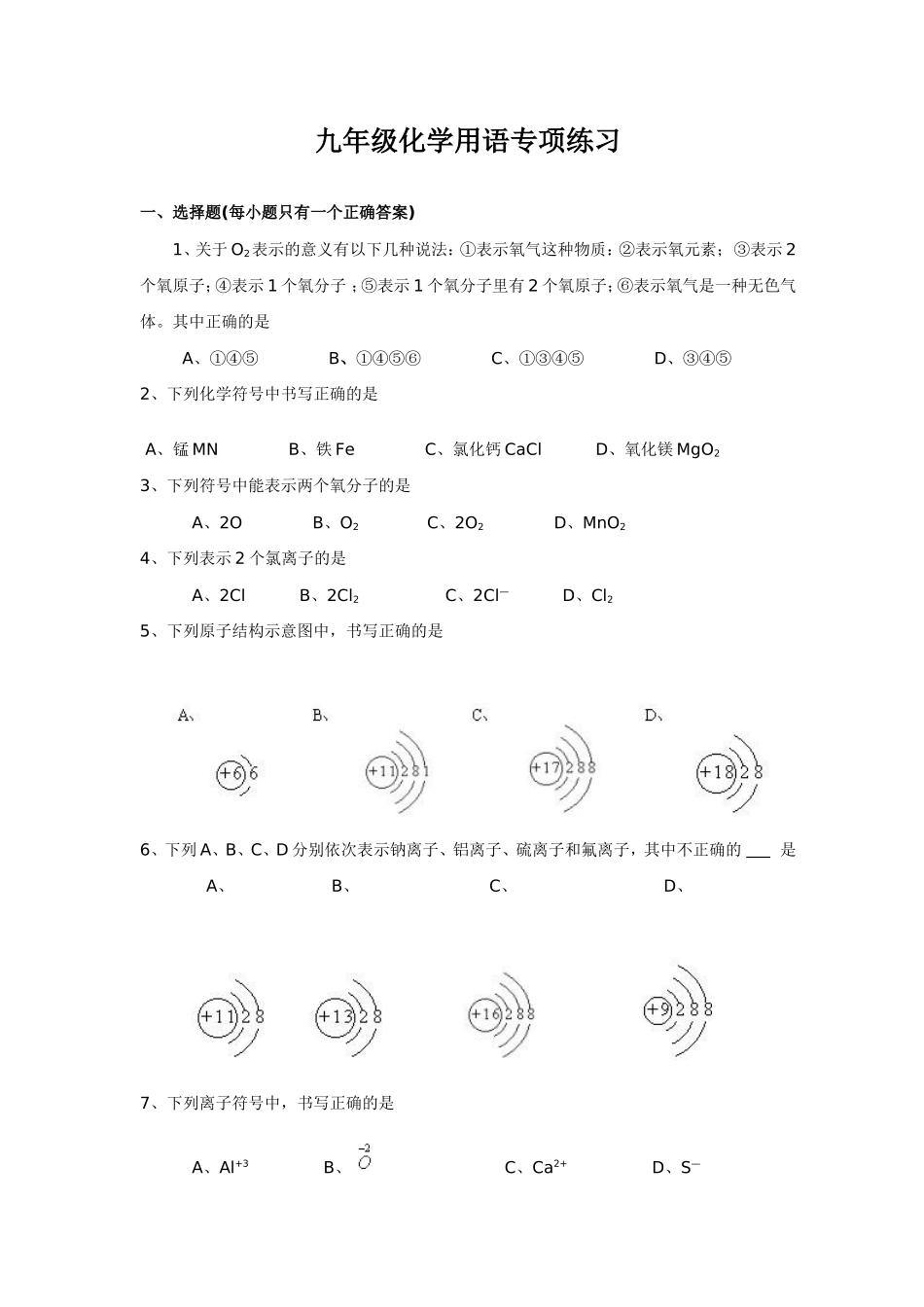 初三化学用语专项练习_第1页