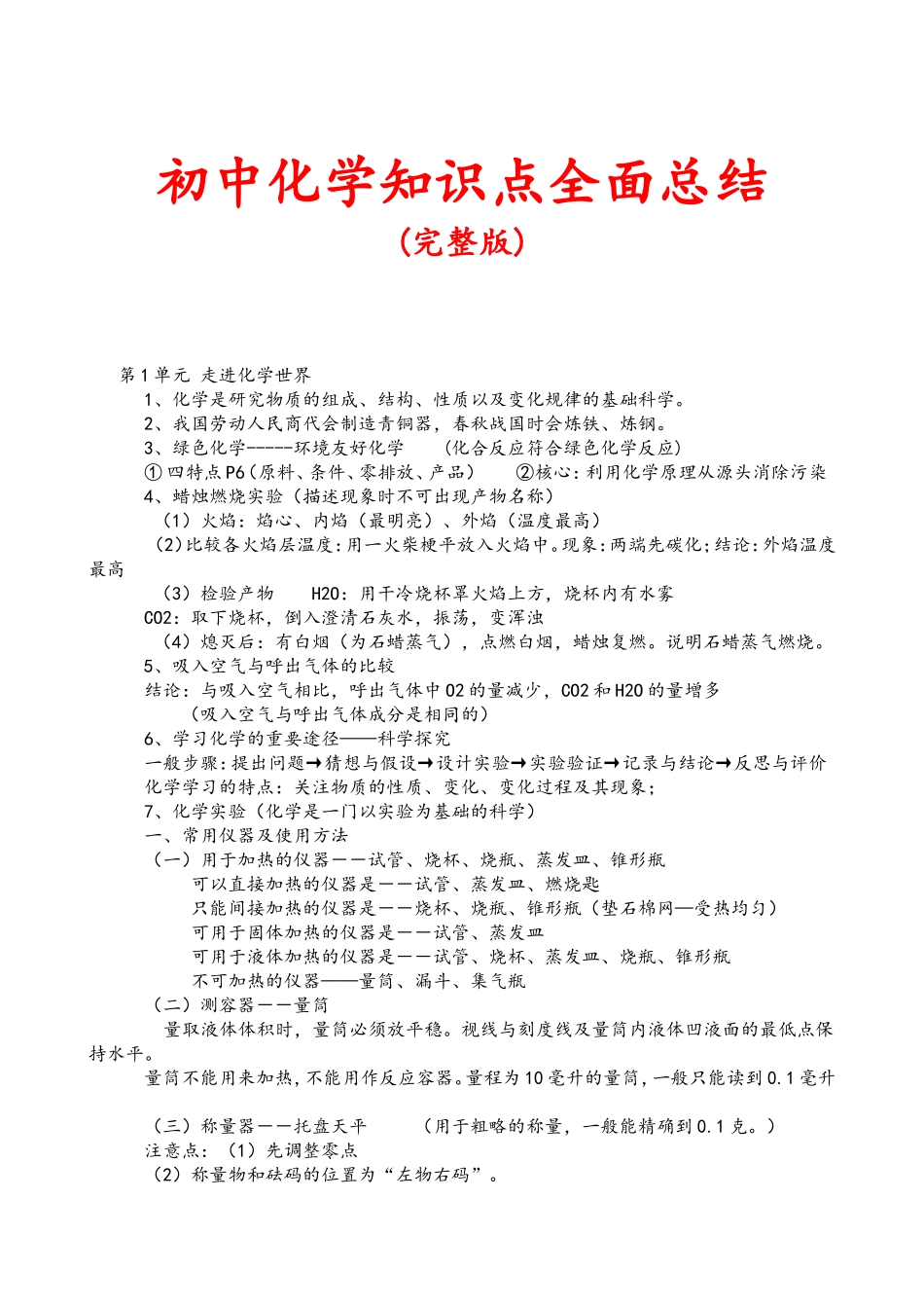 初三化学知识点总结归纳(完整版)[1]_第1页