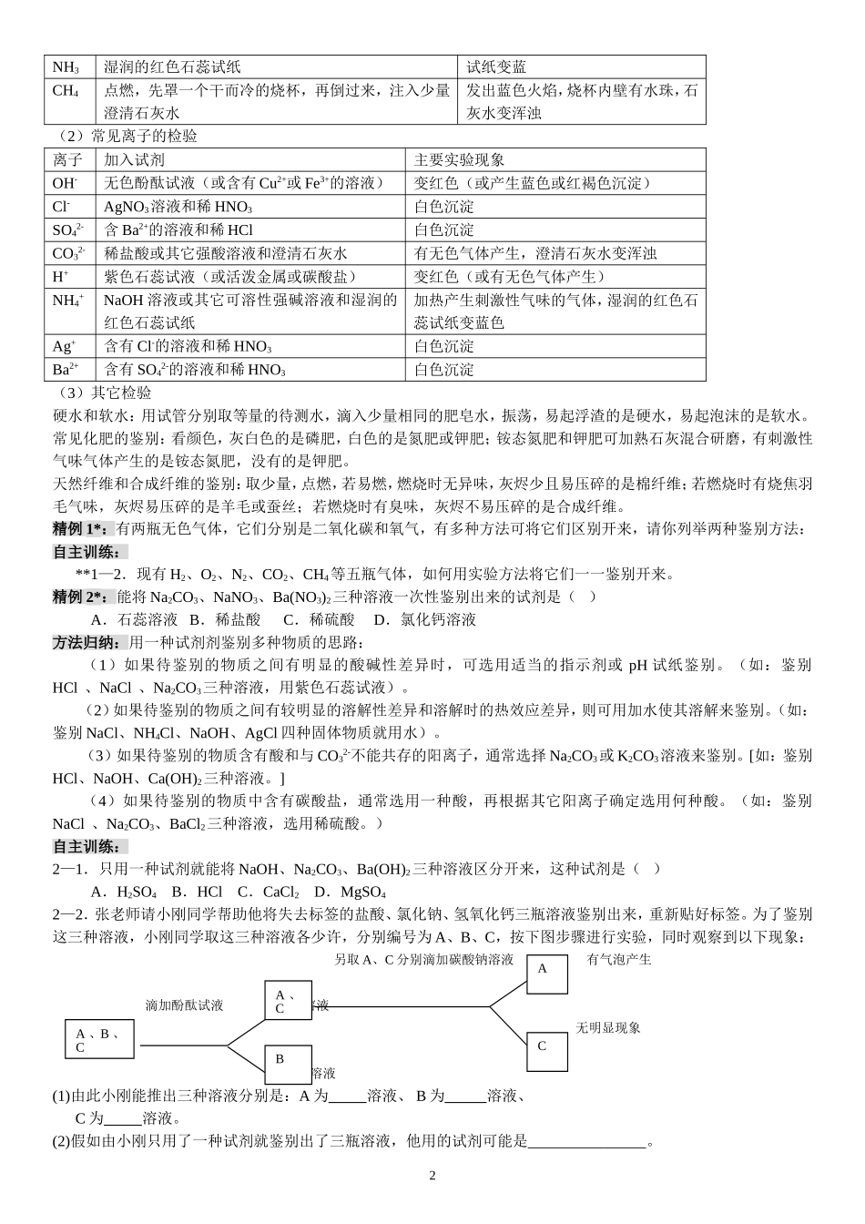 初三科学-物质的检验和鉴别总结及练习_第2页