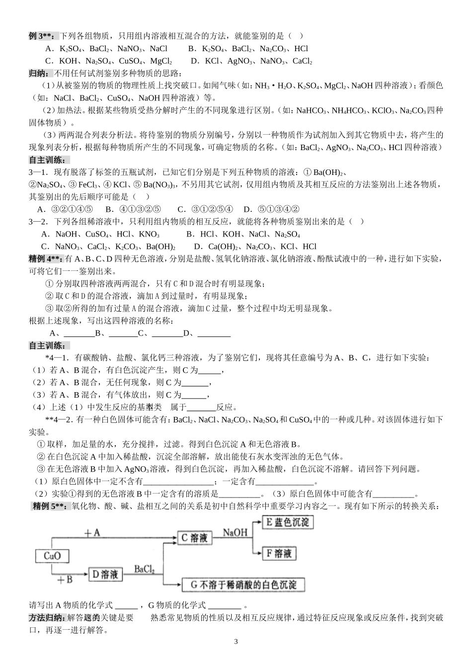 初三科学-物质的检验和鉴别总结及练习_第3页