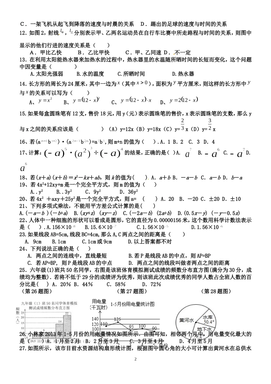 初一数学下册期末总复习题_第2页