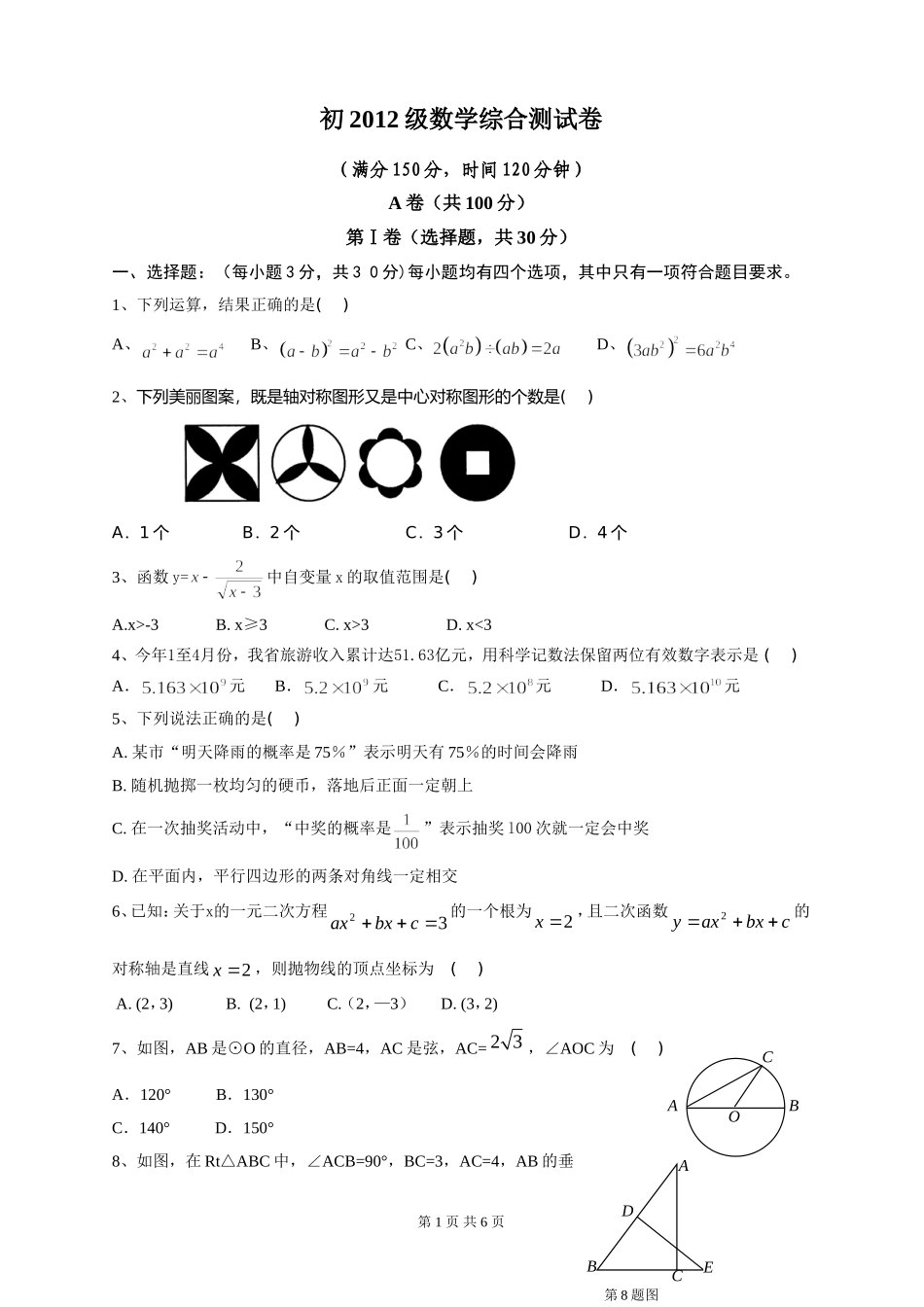初三数学综合模拟题(精)_第1页