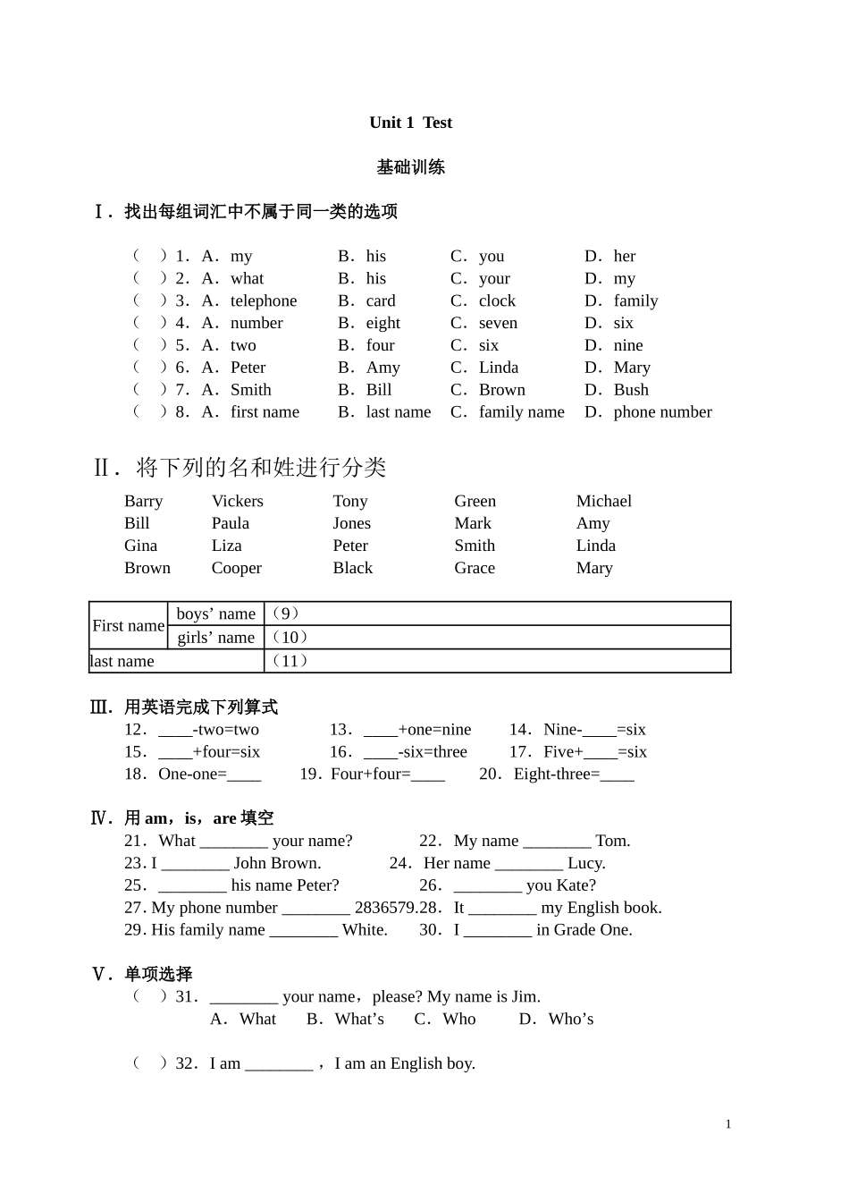 初一英语练习题及答案精编12套_第1页