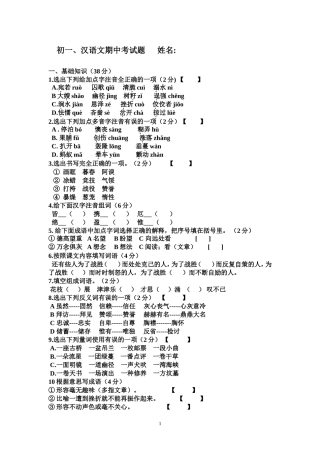 初一下学期期中汉语文考试题