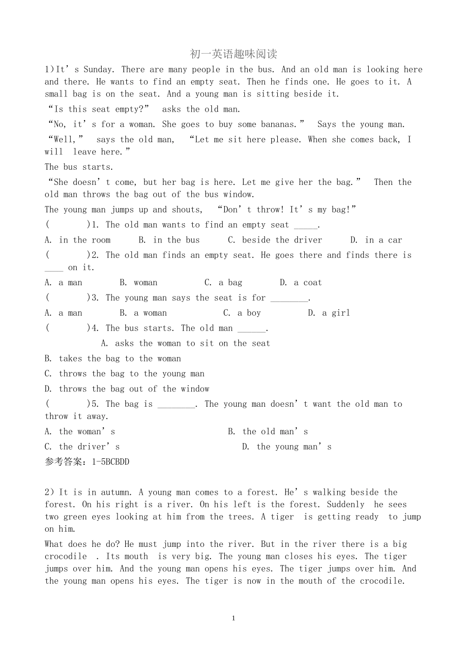 初一英语趣味阅读100篇_第1页