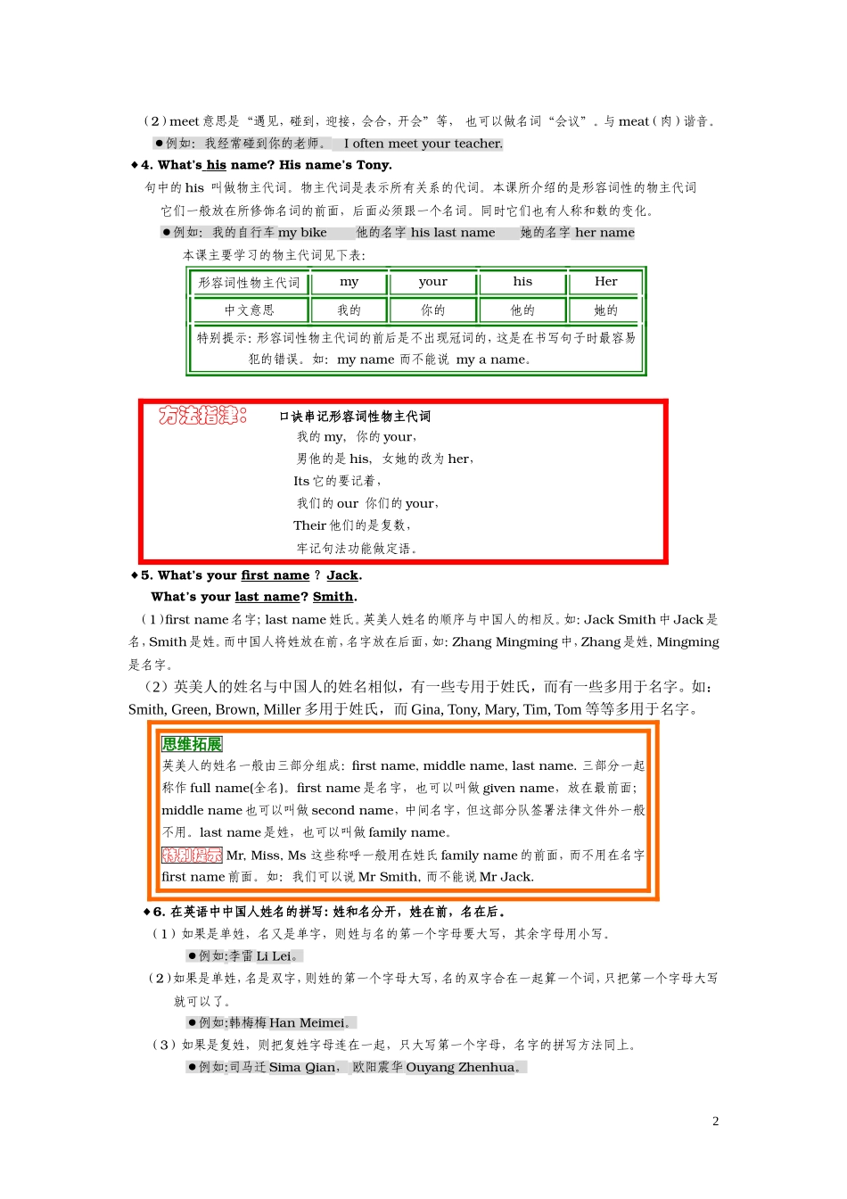 初一英语上册Unit1-2知识点归纳与练习_第2页
