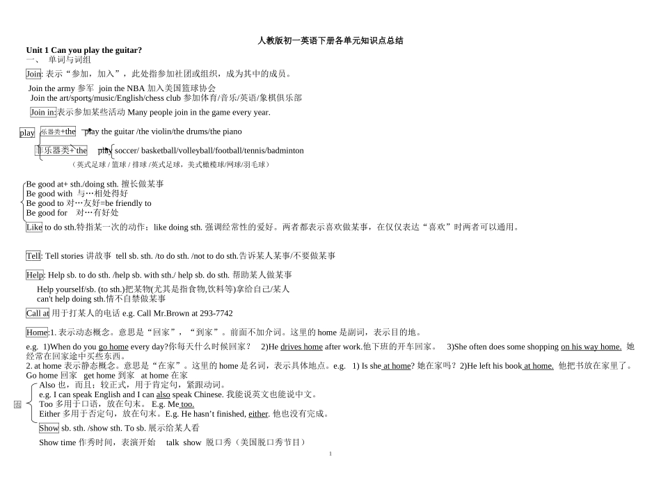 初一英语下册各单元知识点总结结_第1页