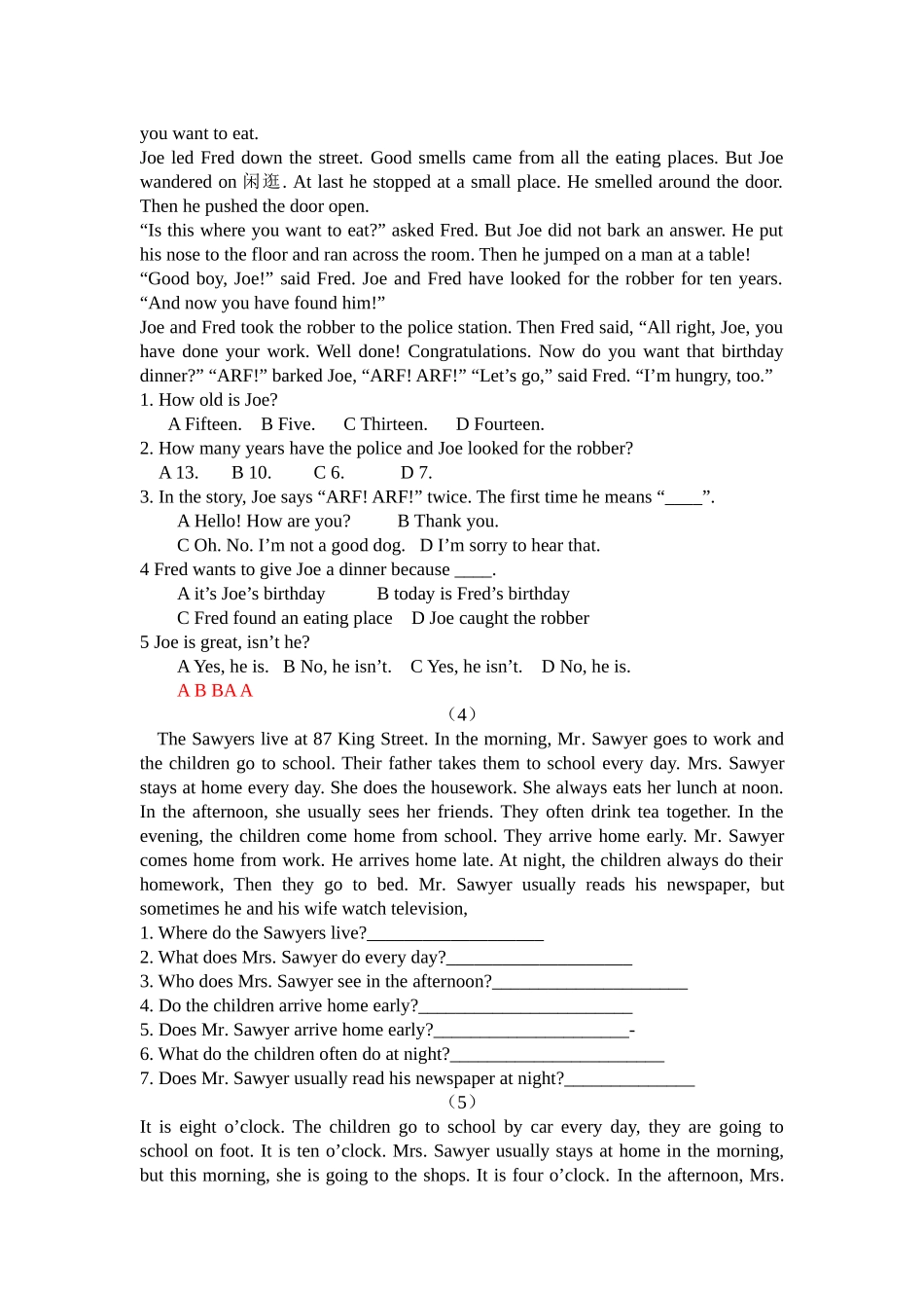 初一英语阅读理解练习20篇(附答案)_第2页