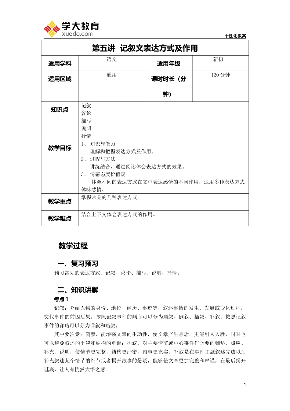 初一语文第5讲教案-记叙文表达方式及作用_第1页