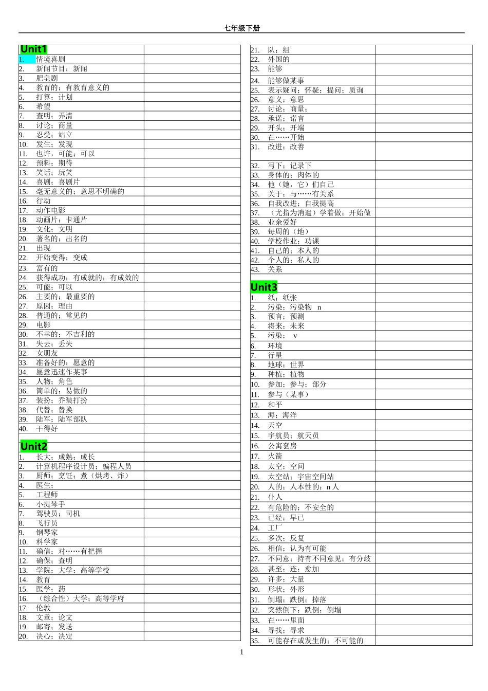 初中7年级下册英语单词默写表(鲁教版五四学制)_第1页
