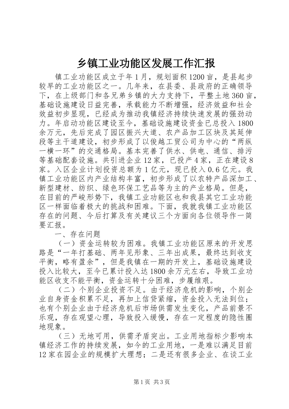 乡镇工业功能区发展工作汇报_第1页