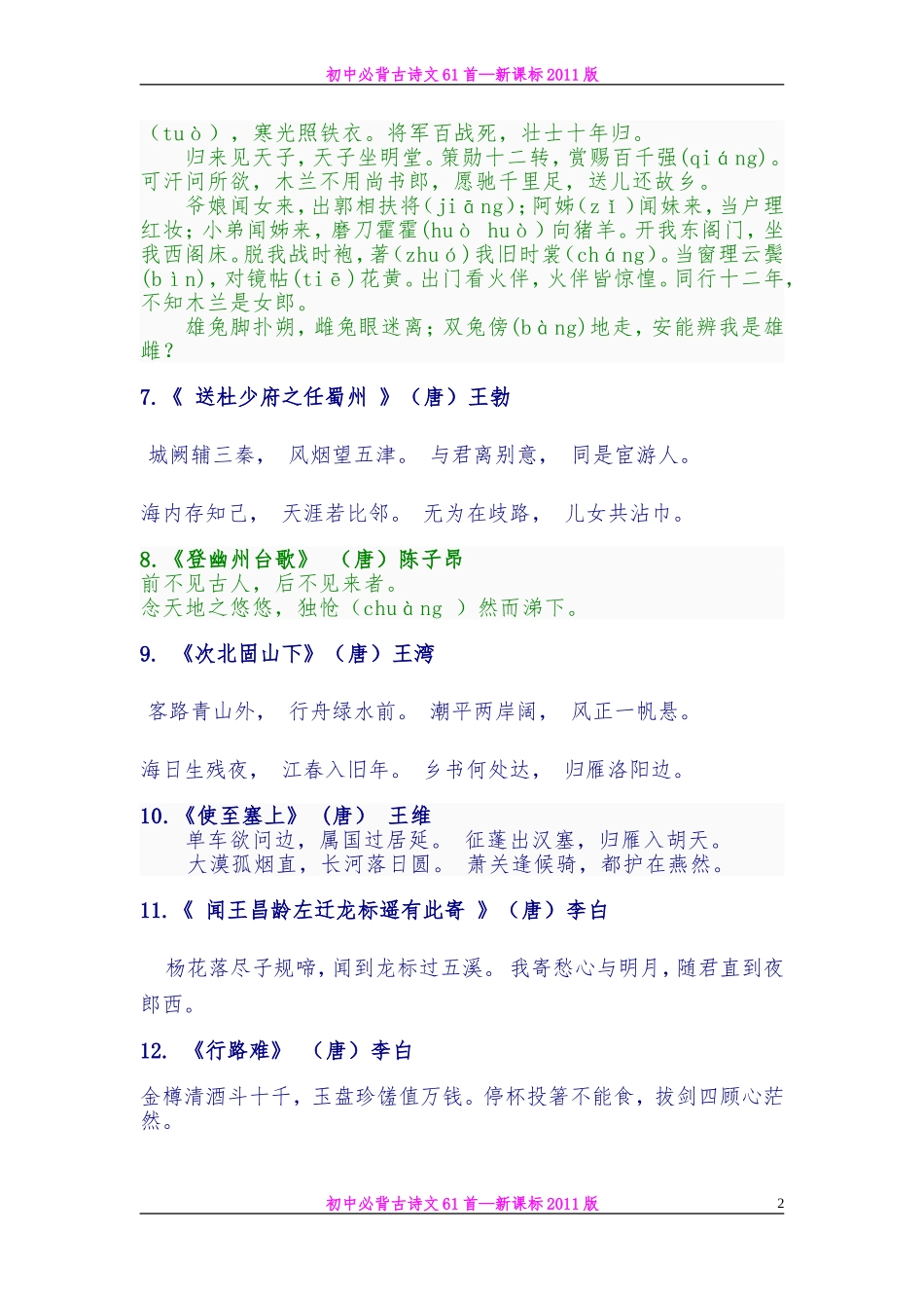 初中必背古诗文61首--新课标_第2页