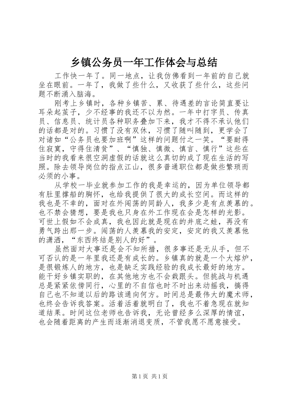 乡镇公务员一年工作体会与总结_第1页