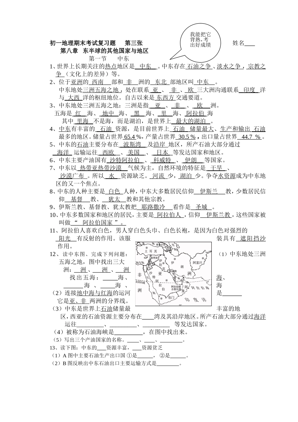 初一地理下册复习第三张中东开始_第1页