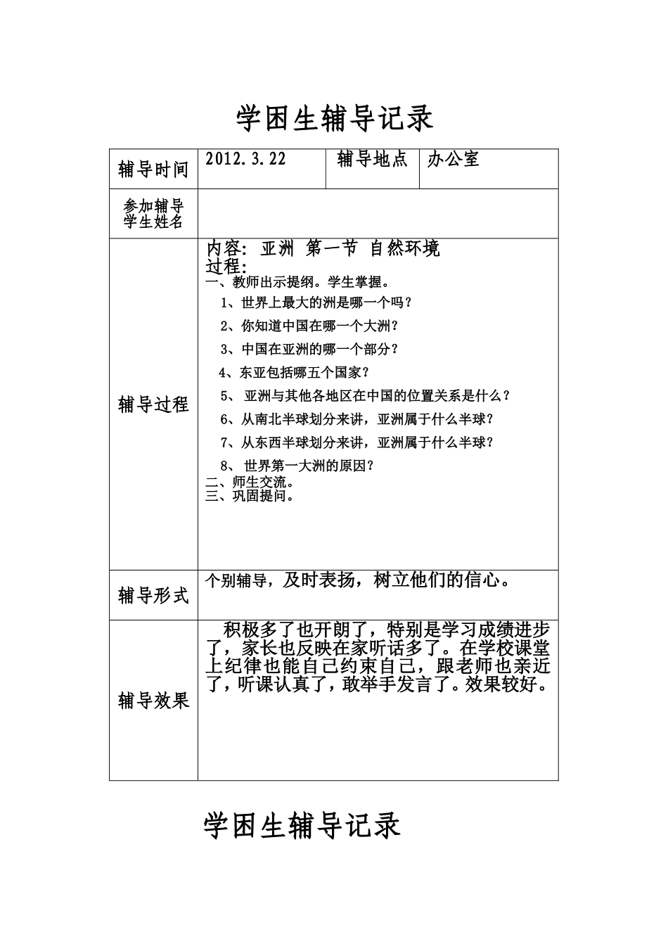 初一地理学困生辅导记录_第1页