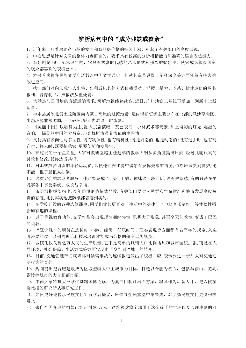 初中辨析病句“成分残缺”专练_第1页