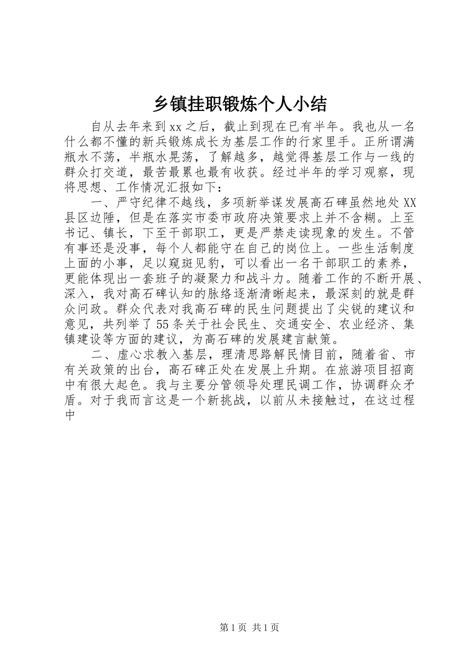 乡镇挂职锻炼个人小结_第1页