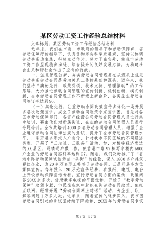 区劳动工资工作经验总结材料
