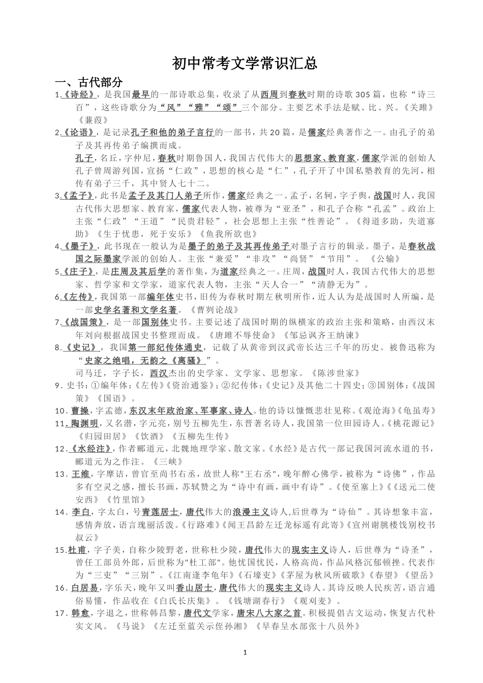 初中常考文学常识汇总_第1页