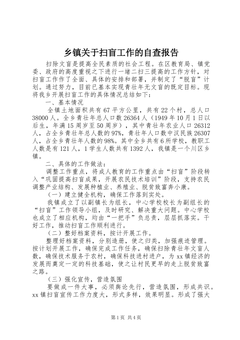 乡镇关于扫盲工作的自查报告_第1页