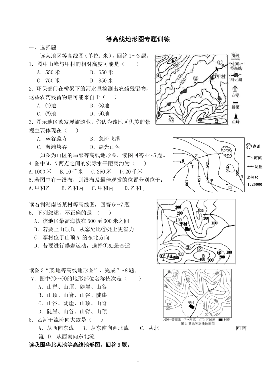 初中地理-等高线地形图典型题_第1页