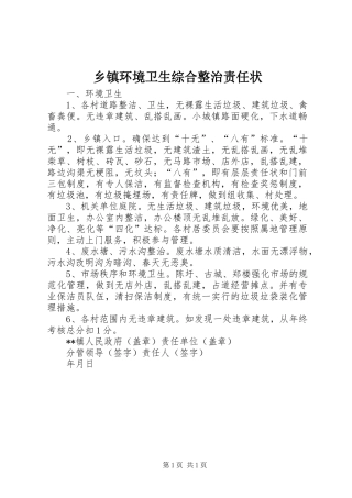 乡镇环境卫生综合整治责任状